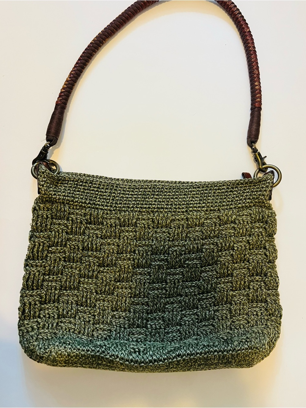 The Sak Olive Green Woven Shoulder Bag with Brown Handle